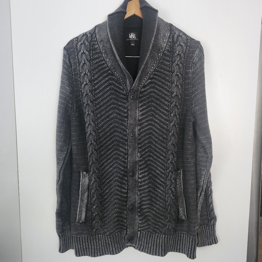 ROCK & REPUBLIC Mens Cable Knit Fisherman Sweater Grey Washed Lapel CollarLarge
